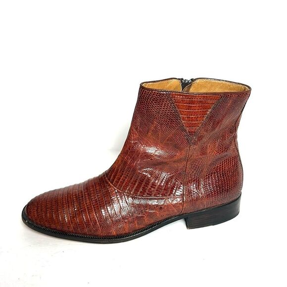 Emilio Bianko Lizard Leather Boots Cognac Pointed Toe Side Zip Argentina US 12 - Picture 1 of 15